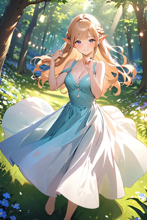 1 girl, (cute face), young elf girl, (braided long hair), (cheerful expression), (medium breasts), slim, (wearing traditional elven dress), ankle-length, (flowing fabric),  
BREAK  
Magical glade, sparkling fairy lights, (dancing among flowers:1.2), (twirl...