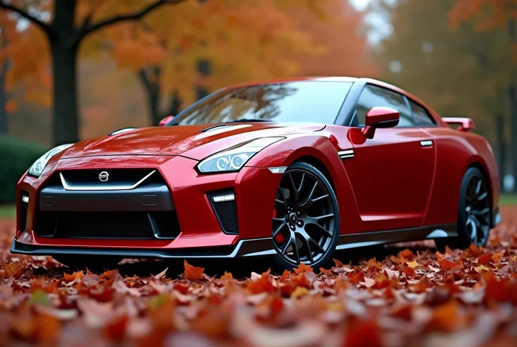 A pristine Red Nissan GT-R sports car is parked on a bed of fallen, reddish-brown autumn leaves. The car is positioned in the center-left portion of the image, angled slightly toward the viewer.  The car is a two-door coupe styled with aggressive, sporty f...