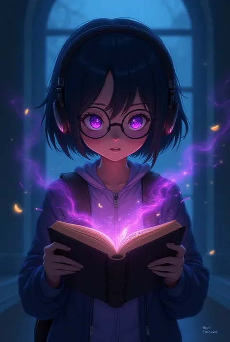 girl,  with brown skin,  short hair,  black hair, purple eyes, with glasses, with headphones, With a cursed book,  Full body , anime