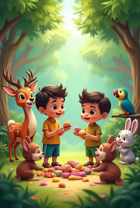 : A lively scene in the jungle with various animals like deer, monkeys, parrots, and rabbits. Nabeel and Ali are giving sweets to the animals, and the animals are happily eating or playing with the toys. The environment is cheerful and full of joy.
: A liv...