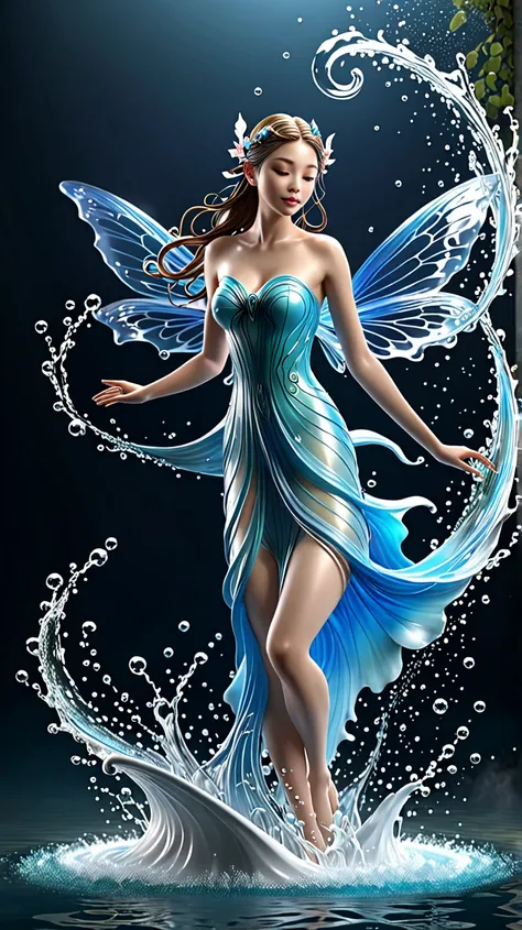 3D element ， high resolution ,  high detail,  water element ， water vortex swirling from the bottom up ， Water element Fairy female Fairy Charming water mist， Fascinating style Female body formed by progressively progressive 。