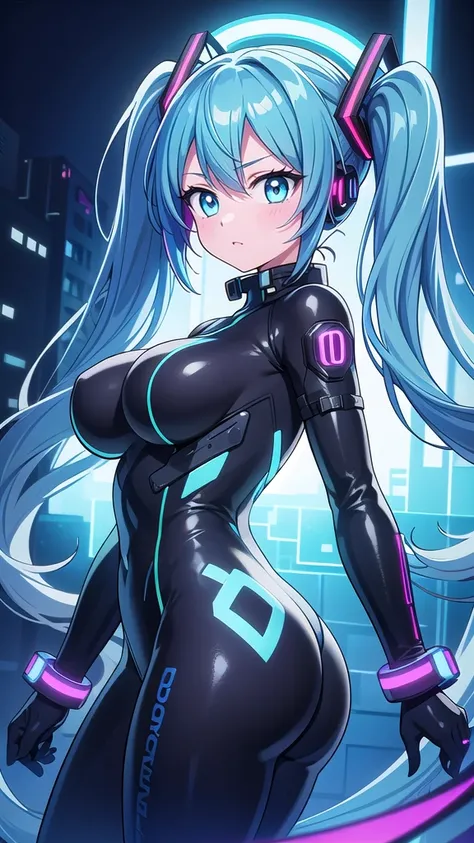 ((Highest quality))、(masterpiece)、Hatsune Miku VOCALOID、(Twin tails)、Light blue hair、Water-colored pupils、cyber punk、Big Ass、(Big Breasts)、Bodysuits、Sexy pose、 girl has electronic visor fitted to her face、red latex body、cyber punkモード、(Light blue hair:1.4),...