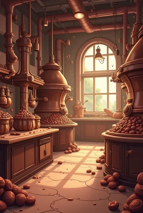 "The interior of a chocolate factory designed in an illustrator style with a chocolate-brown color palette. The scene features large vats of melted chocolate, conveyor belts carrying truffles and bars, whimsical pipes and gears, and detailed machinery. The...