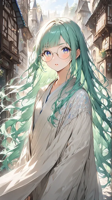 ( A 24-year-old woman walking in a fantasy medieval city :1.5), court magician(Also works as an alchemist), bust up, portrait, 
Hairstyle：( straight long hair、Bangs just covering the eyebrows:1.5), 
( dark, thin and well-groomed eyebrows ), (睫毛は長く上向きでeye元に...