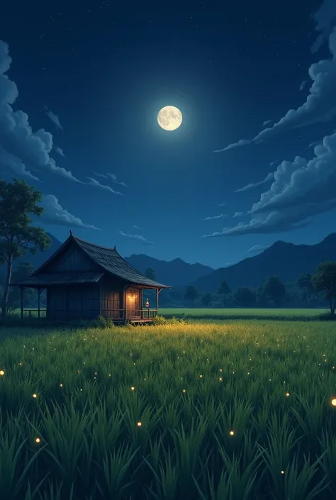 
An anime-style depiction of a Malaysian paddy field under a starlit night. Endless fields of green and golden rice plants stretch into the distance, illuminated by the soft glow of a full moon. Fireflies flicker among the plants, creating a magical atmosp...