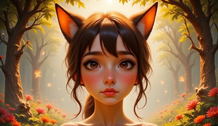 a young girl raised by wolves, fantasy, anime, 1girl, detailed face, beautiful eyes, long eyelashes, cute expression, wolf ears, wolf tail, fantasy forest background, sunlight shining through trees, glowing fireflies, magical atmosphere, intricate details,...