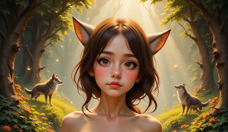 a young girl raised by wolves, fantasy, anime, 1girl, detailed face, beautiful eyes, long eyelashes, cute expression, wolf ears, wolf tail, fantasy forest background, sunlight shining through trees, glowing fireflies, magical atmosphere, intricate details,...