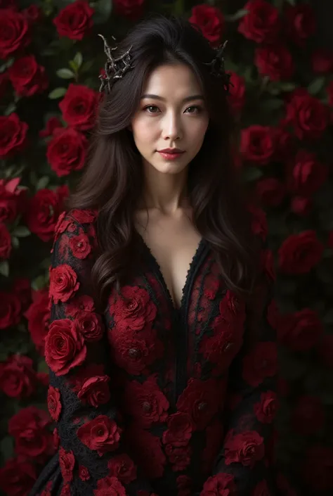 A haunting image of a Japanese mature woman, 48 years old, embodying the dark and mystical essence of a rose witch. She is dressed in a dramatic, ominous gown entirely made of roses, seamlessly wrapping her body with an air of eerie elegance. Her expressio...