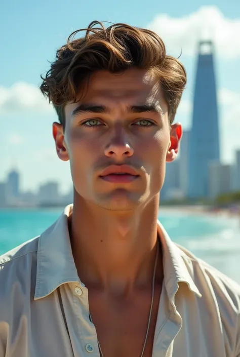  professional photo ,  Teenage male , no beard,  bright green eyes ,  brown hair , face and features perfect soft lips sculpted,  jaw and well-defined cheekbones divine beauty, Divine Aura . On a beach, futuristic city
