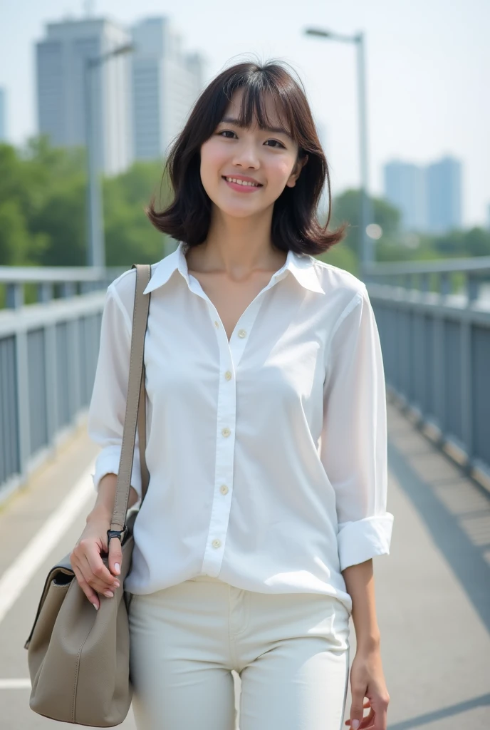  woman walking on a bridge carrying a handbag and purse,  Portrait of , Woman in linen shirt ,  casual clothing style ,  is wearing elegant casual clothes,   casual modern clothes  ,  modern casual clothes were placed , 白い is wearing a blouse,  is wearing ...