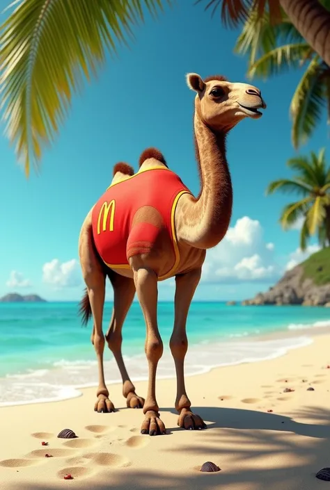 Create a camel wearing MC Donalts clothes on the beach