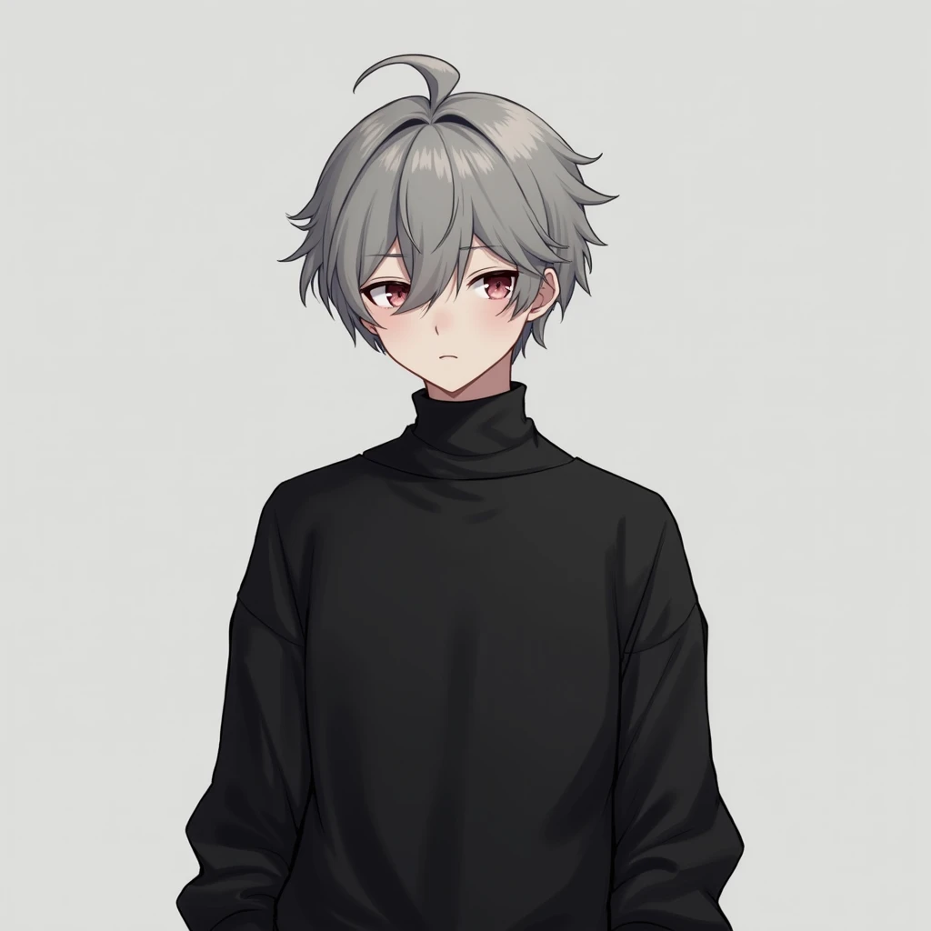 A male character with anime traits, features with gray hair in a black sweater