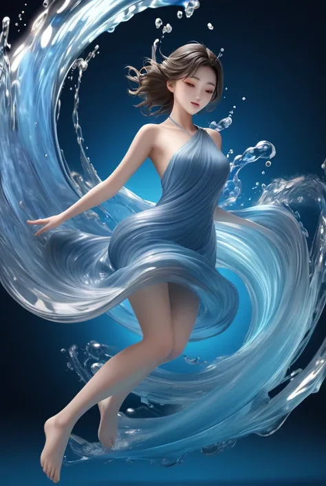 3d elements ，  High Resolution  ,   high detail,  Water Element ，  Water Vortex Rotating from the Bottom Up  ， Water Element精靈女性精靈迷人的水霧，  Charming Style of Female Body Formed by Gradual Progression 。