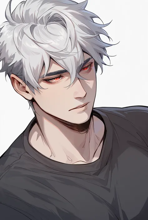 1male, High Resolution, simple background, white hair, bangs, dilf, Hair Between Eyes, red eyes, bulky body, enormous breasts, short hair, slutty clotches