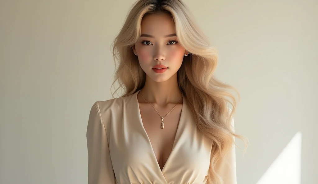 chic and stylish portrait of a beautiful asian woman, tight outfit, sexy proportions, beautiful chic woman, busty, cleavage, delicate necklace, long sleeve blouse, chinese woman, blonde hair, 