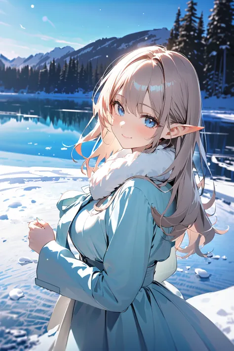 1 girl, (cute face), young elf girl, (shoulder-length hair), (serene expression), (large breasts), slim, (wearing elegant winter attire), floor-length, (fur trim),  
BREAK  
Snowy landscape, glistening snowflakes, (standing by a frozen lake:1.2), (gazing a...