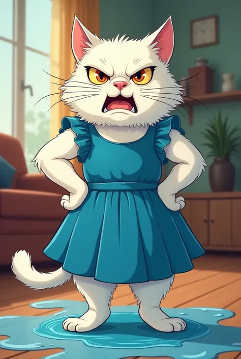 The white cat is wearing a blue dress and is angrily holding her hands on her hips. There is water on the floor in the living room.