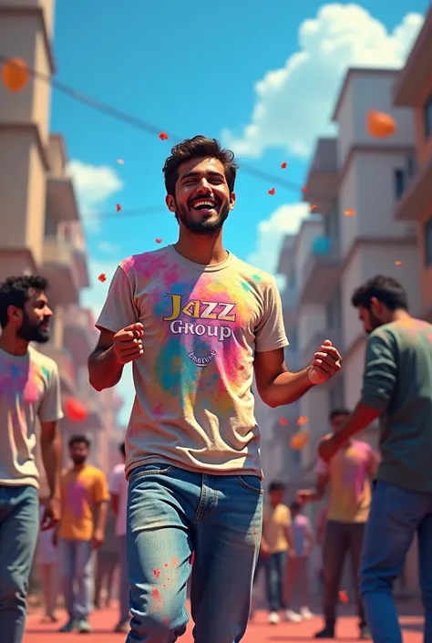 7 Friend 20 year old boy playing friends party and celebrating mountain festival friends party with background of blue sky in Pakistan Street and 7 Friend wearing all t shirt with name “Jazz group ganra” t shirt colour mairun on it by the way rens are play...