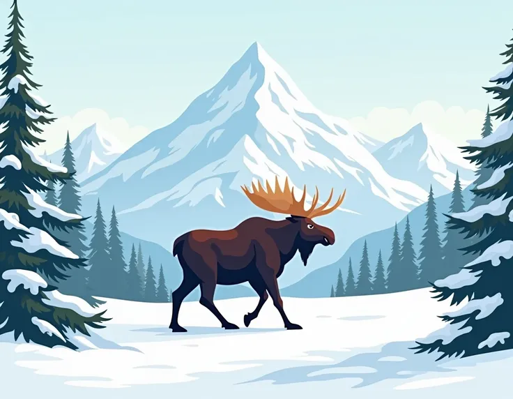 create flat color illustration of Denali National park mountains in backdrop and a moose trugging through heavy snow. spruce trees with snow on them.