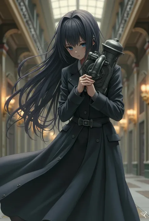 anime girl with dark gray long hair dark gray pupill with eyebags, wearing dark gray trench coat, dancing at ballroom, hugging turbocharger