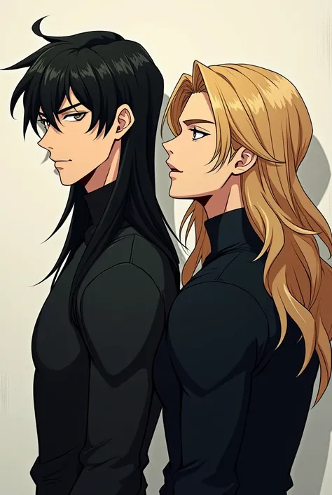 A panel from Lookism Manhwa: Tall male athletic figure with long straight black hair, sharp angular facial features, Elegant tall male figure, flowing golden wavy hair past shoulders, black turtleneck, slim fit dark clothing, bishonen style, confident rela...