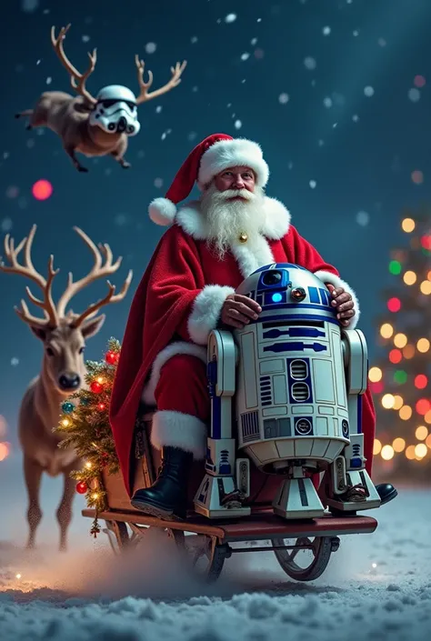 A Santa Claus wearing a red cape and a collar bell, riding on a sleigh with R2-D2, distributing gifts during Christmas night. The scene is illuminated with colorful Christmas lights, with reindeer flying in the sky, one of which is wearing a Stormtrooper m...