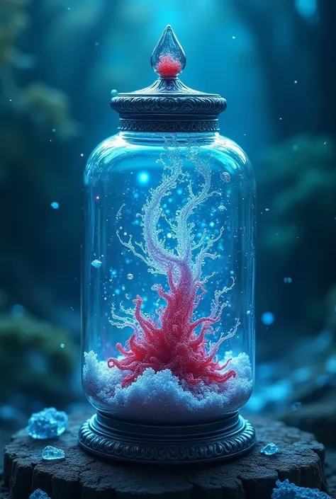 A small and beautifully decorated glass jar made with glass that contains blood inside the sea, with a blue magic around . That he is with the foam and magic ,  as if he had just fallen into the sea.