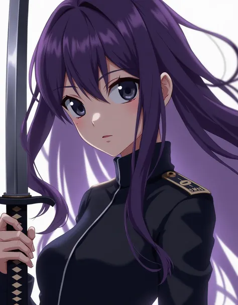  ANIME WOMAN , black eyes, long purple hair   ,  slim and slender body , dressed in military uniform  ,  with a katana that has the letters engraved "b.t.S"