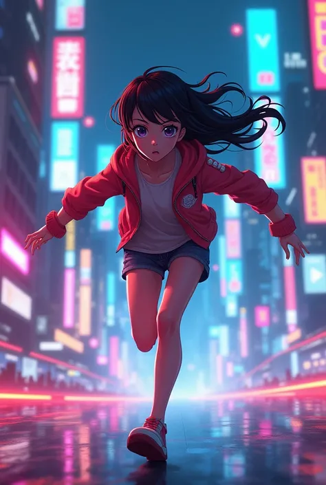 anime girl Rushing through the night, can’t slow down 
The beat’s my guide, no turning around. In a neon city 