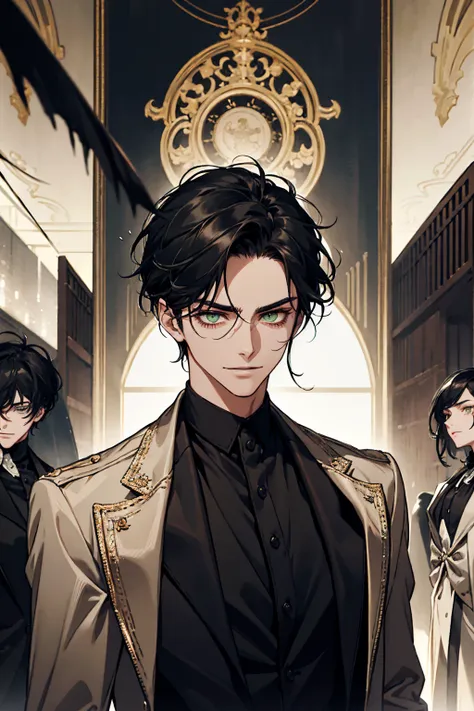 A young man standing in the middle with black hair and green eyes, long eyelashes, formal clothes, surrounded by dark empty background. Smile maniac, evil look