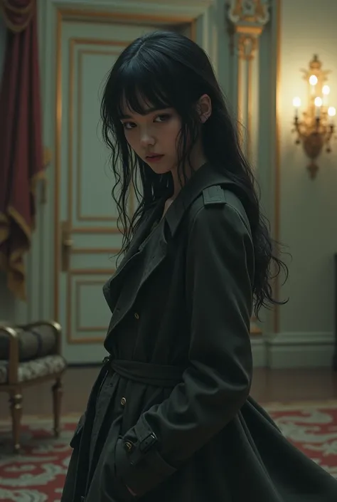 anine girl with dark gray long hair dark gray pupils with eyebags, wearing dark gray trench coat, hugging turbocharger, dancing at the ballroom