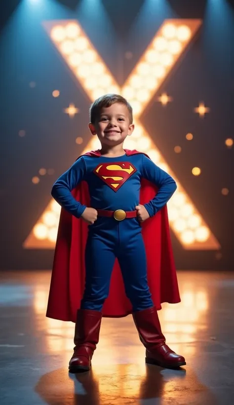 "A young , around 5 or , stands proudly in their Superman costume on a grand stage, bathed in bright spotlights. With a big, confident smile, the  strikes a heroic pose, their small fists placed firmly on their hips. The iconic S logo is clearly visible on...