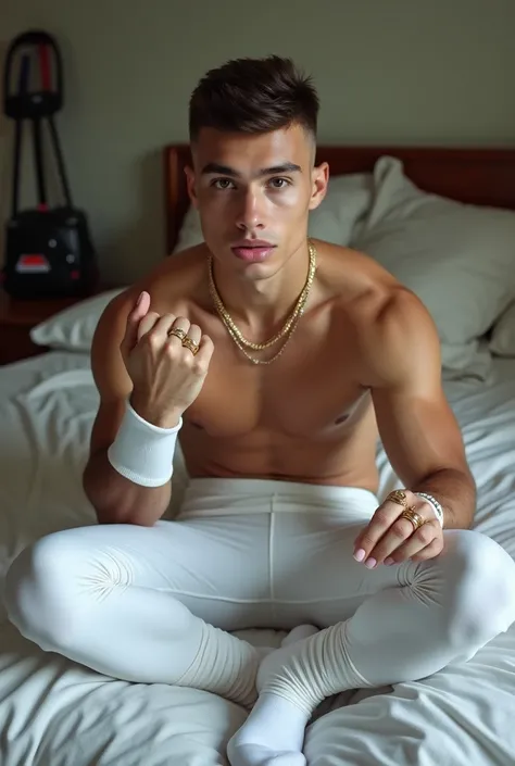 full bodyview of an extremely cute Brazilian 23yo male athlete with  fashion brown undercut short haircut,  inflated siliconed lips , sprawled on bed wearing tight white latex shiny leather leggings and white socks, no shoes, golden rings, necklaces, brace...