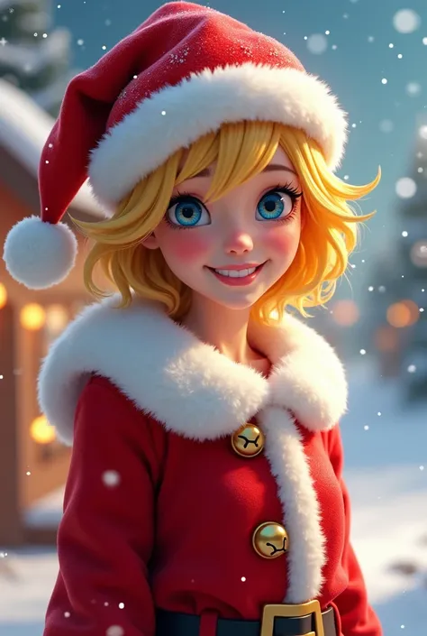 Yellow-headed, blue-eyed female character in Santa suit