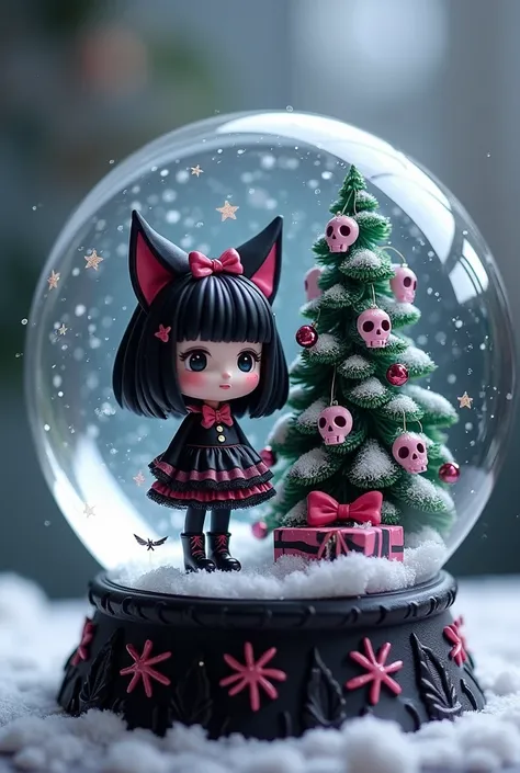 Please help me create a snow globe with sanrios Kuromi character near a Christmas tree embellished with little emo pink skulls ornaments. Thanks 