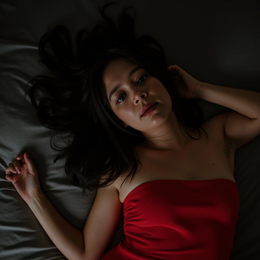 Poppy Li, picture from above, lying limp on a bed on back, red strapless dress , drunk face, arms up