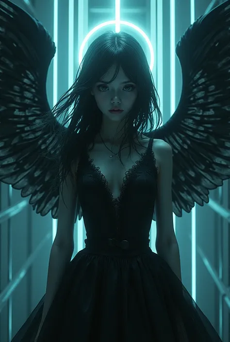 anime, angel, girl, wings, black, white, dark, eyes, hair, eyes, beautiful gothic xray angel, ethereal anime, glowing angelic being, tron angel, the angel of death with a halo, screenshot from guro anime, gapmoe yandere grimdark