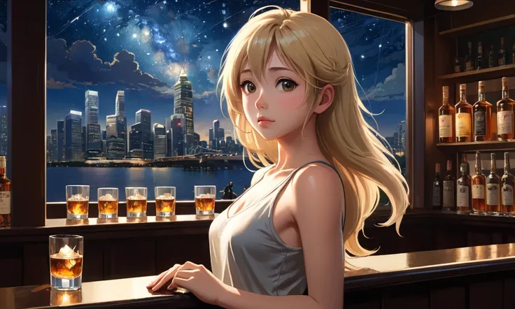  completely use the depiction of Makoto Shinkai,Summer McIntoshのポートレート,8k 4k masterpiece photo ,28 years old,Singapore,A jazz bar with a glass ceiling, I can see the twinkling of the stars through that glass window,It&#39;s a dark night outside, jazz is pl...