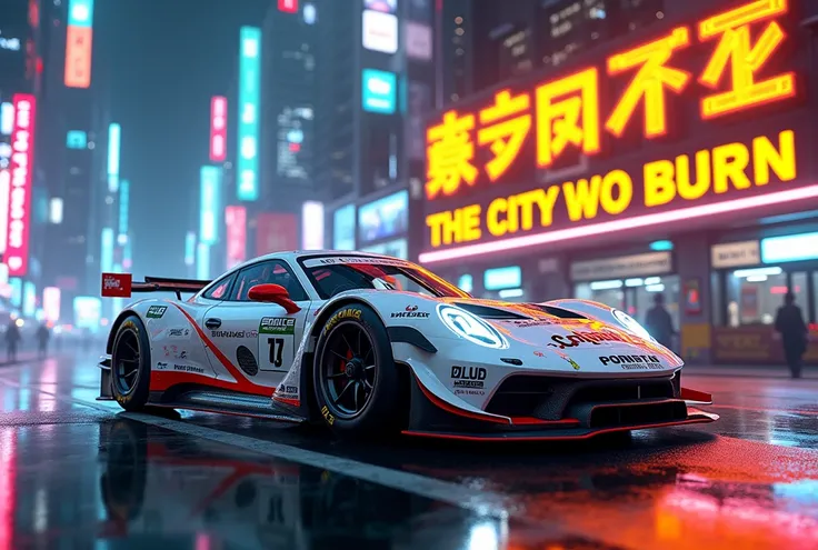 A futuristic, stylized image of a white race car, positioned in the foreground of a vibrant, neon-lit cyberpunk city. The car, a modified Porsche-like design, has modified racing tires, and a red accent stripe.  The cars body is a mix of white and grey, wi...