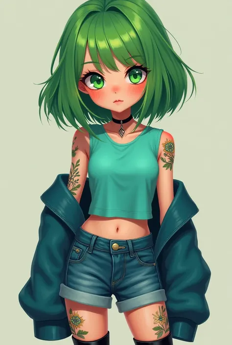 Beautiful girl with a green bob, flower patch on her right eye. Bright green eyes. Wearing a turquoise T-shirt, denim jacket,  denim shorts , black knee-high boots. Flower tattoos on her arms 