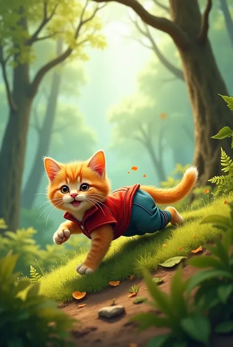 An orange kitten wearing a red vest and blue pants falls down a hill in a forest. 