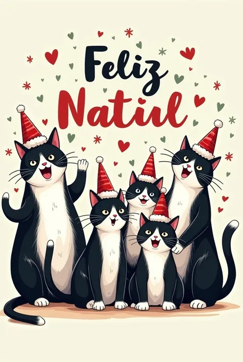 Create the image of several black and white cats with a Christmas hat, Written "Merry Christmas" in Portuguese, below, cartoon style