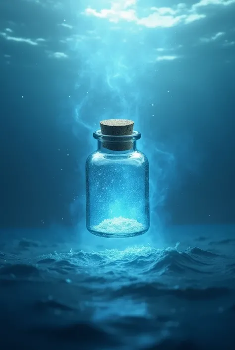 Small glass jar with cork , ,  falling into the sea and that is shrouded by a blue power or magic