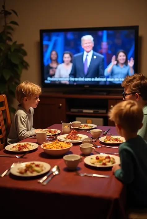 The family finishes dinner quickly and gathers around the TV.
Anna and Tom prepare snacks while the parents adjust the channel.
The TV shows the talent show starting, and the famous host greets the audience.