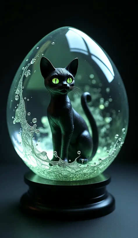 A highly detailed and realistic black cat figurine inside a glowing glass orb. The orb has a sleek and smooth surface, with liquid-like metallic silver patterns swirling around it, reflecting the light. The cat is elegantly posed, with piercing bright gree...