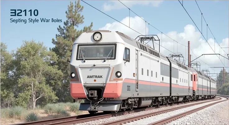 60s style powerful locomotive travelling through an orange rocky desert, avant garde design locomotive, telegraph poles near tracks, (((very long slender thin electric locomotive))), clear blue sky, (many wheels), streamlined locomotive, (((avant garde sty...