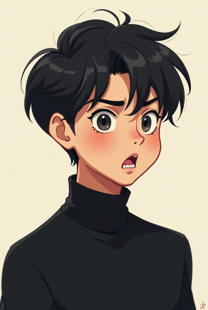 Picture a mature and good-looking 2D boy with black hair , Draw a mature and nice 2D guy wearing black. But his expression is slightly frightened. .