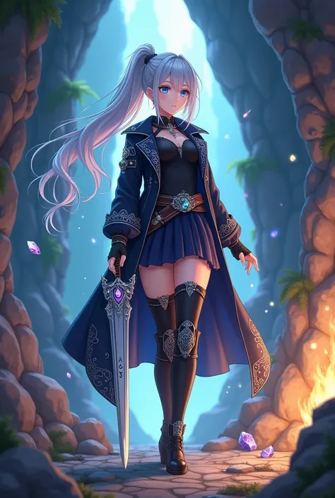 "A Japanese anime-style illustration of a 16-year-old girl in a modern isekai fantasy world. She has long, flowing light gray hair tied into a high ponytail that cascades elegantly down her back, with soft strands framing her delicate face and a light frin...