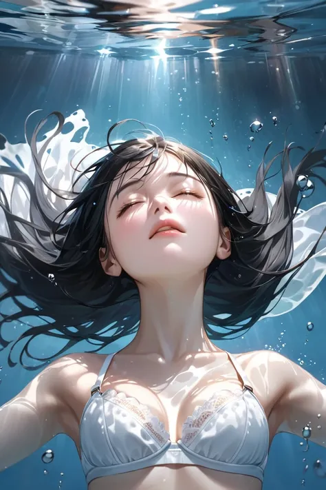 Ultra-realism

drowning woman
floating
under water
looking up
closed eyes
black hair
white bra
small baated
slender body
