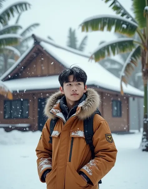 A young korean man, wearing a winter jacket, stands in front of an Indonesian house, the background shows a simple house, banana trees, covered in thick snow.  